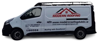 image of the modern roofing van with logos and writing on the side.